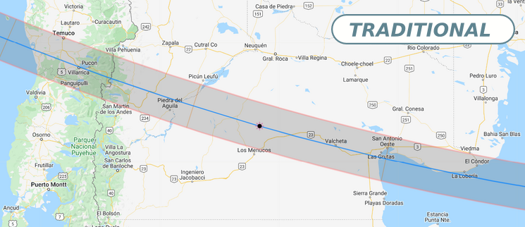 Totality path of the Dec 14th, 2020 solar eclipse. Valcheta is located just about 1 km from the center line and about 100 km from the Greatest eclipse point (black sun)