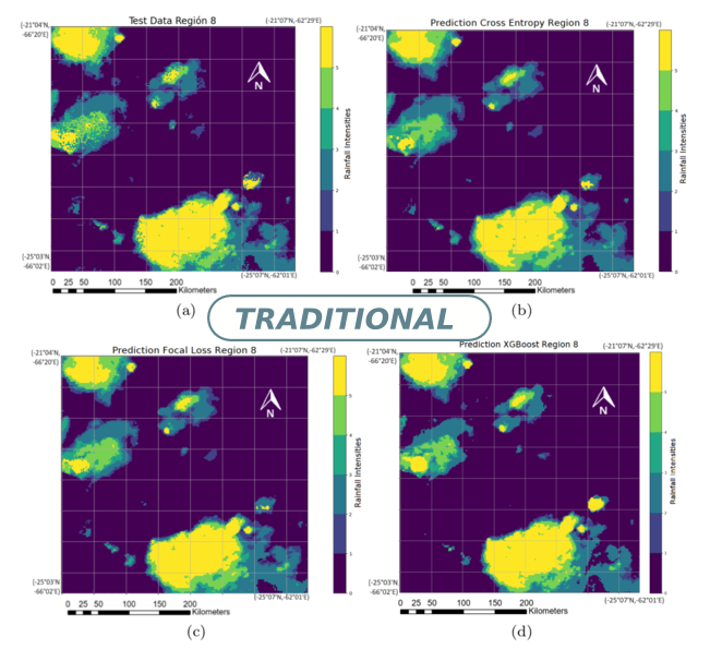 23:30 UTC, 16/01/2021, Region 8 with heavy rainfall: (a) QPE label and predictions with (b) Cloud-Net and Cross Entropy, (c) Cloud-Net and Focal Loss, (d) XGBoost